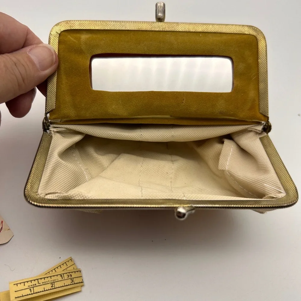 Vintage Travel Vanity Sewing Kit Canvas Green Red Web Stripe Kiss Lock Gold Tone